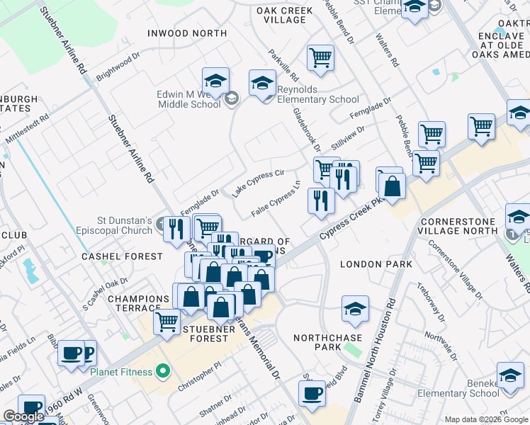 map of restaurants, bars, coffee shops, grocery stores, and more near 4203 False Cypress Lane in Houston