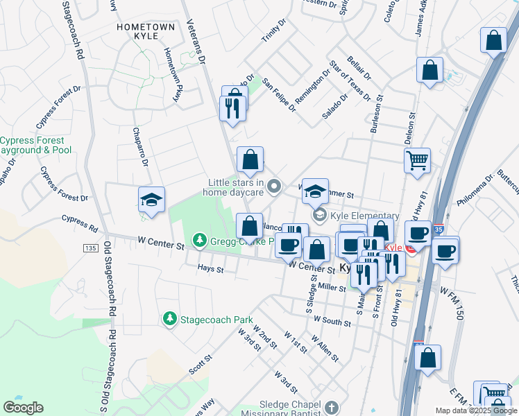 map of restaurants, bars, coffee shops, grocery stores, and more near 411 Live Oak Street in Kyle