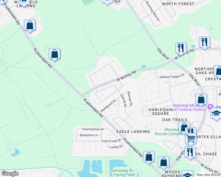 map of restaurants, bars, coffee shops, grocery stores, and more near 1227 Newsome Glenn Drive in Houston