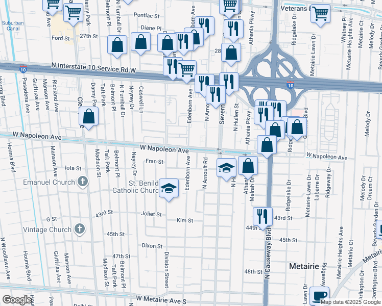 map of restaurants, bars, coffee shops, grocery stores, and more near 2126 Burnell Court in Metairie