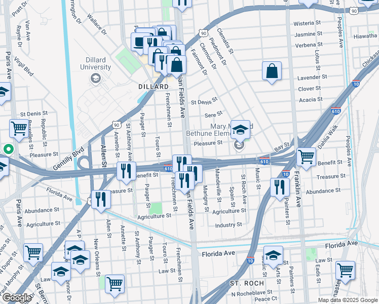 map of restaurants, bars, coffee shops, grocery stores, and more near 3321 Elysian Fields Avenue in New Orleans