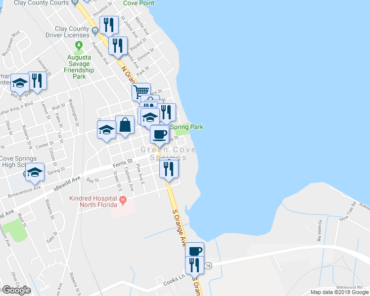 map of restaurants, bars, coffee shops, grocery stores, and more near 201 Ferris Street in Green Cove Springs