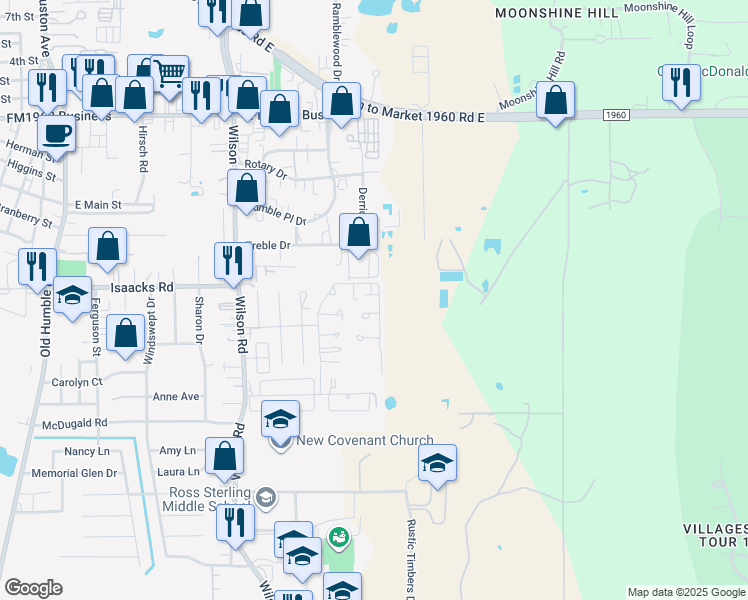 map of restaurants, bars, coffee shops, grocery stores, and more near 2087 Intercontinental Boulevard in Humble