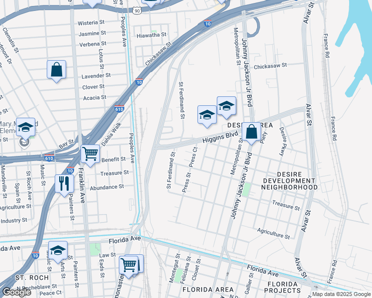 map of restaurants, bars, coffee shops, grocery stores, and more near 2900 Higgins Court in New Orleans