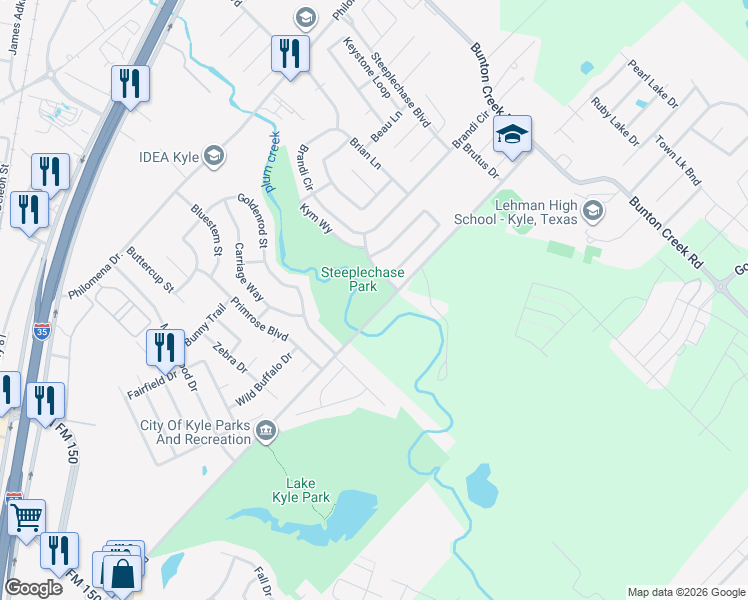 map of restaurants, bars, coffee shops, grocery stores, and more near 135 Hallie Drive in Kyle
