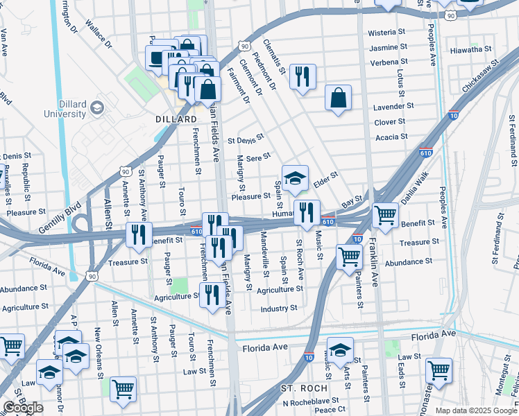 map of restaurants, bars, coffee shops, grocery stores, and more near 3325 Marigny Street in New Orleans