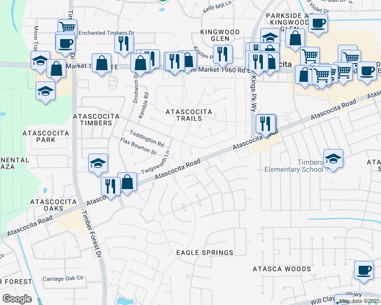map of restaurants, bars, coffee shops, grocery stores, and more near 18810 Danalyn Court in Humble