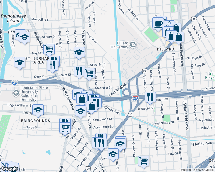 map of restaurants, bars, coffee shops, grocery stores, and more near 3411 Republic Street in New Orleans