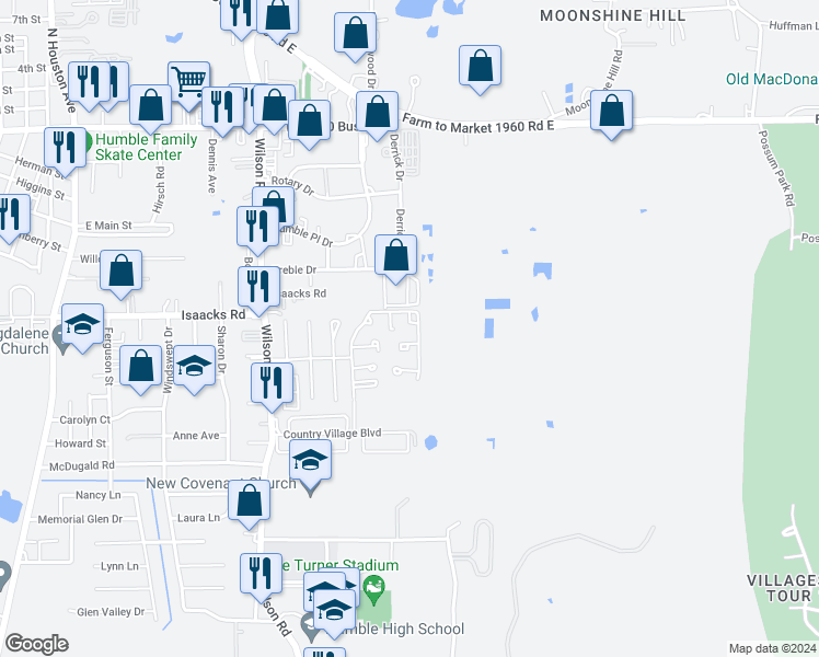 map of restaurants, bars, coffee shops, grocery stores, and more near 2079 Countryside Village Boulevard in Humble