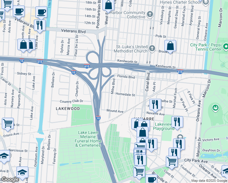map of restaurants, bars, coffee shops, grocery stores, and more near 301 Homedale Street in New Orleans