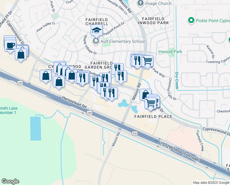 map of restaurants, bars, coffee shops, grocery stores, and more near 20525 Cypresswood Drive in Cypress