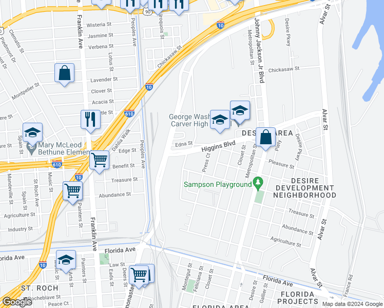 map of restaurants, bars, coffee shops, grocery stores, and more near 2900 Higgins Court in New Orleans