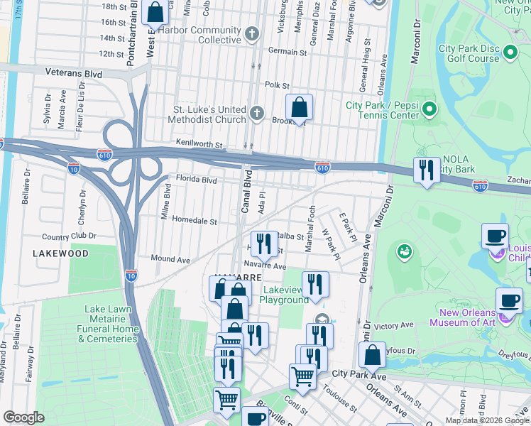 map of restaurants, bars, coffee shops, grocery stores, and more near 5629 Ada Place in New Orleans