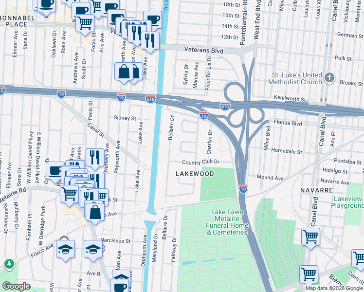 map of restaurants, bars, coffee shops, grocery stores, and more near 5561 Jacquelyn Court in New Orleans