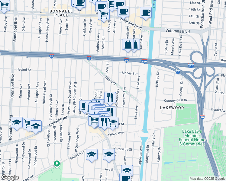 map of restaurants, bars, coffee shops, grocery stores, and more near 367 Aris Avenue in Metairie