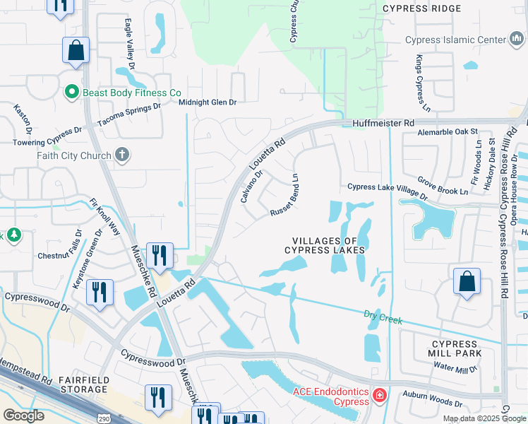 map of restaurants, bars, coffee shops, grocery stores, and more near 15003 Russet Bend Lane in Cypress