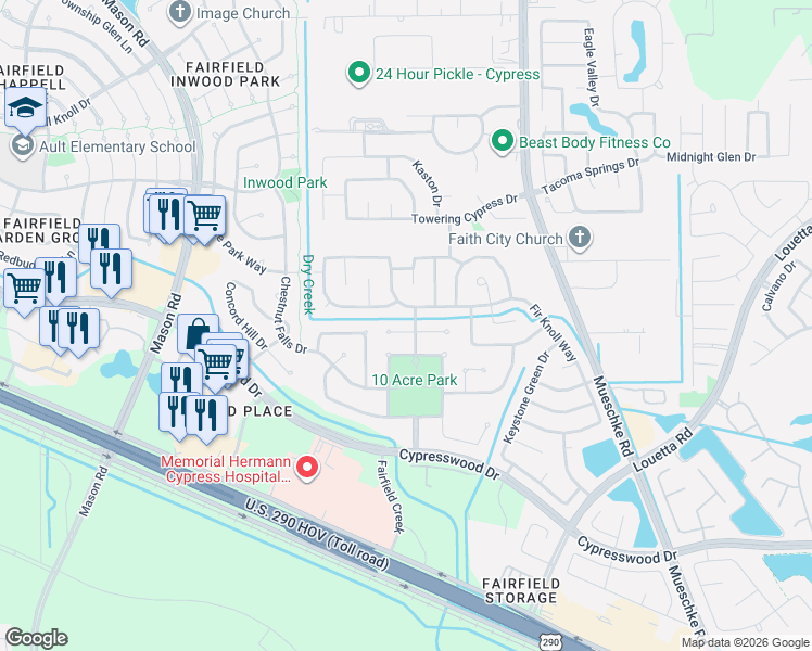 map of restaurants, bars, coffee shops, grocery stores, and more near 19918 Black Cherry Bend Court in Cypress