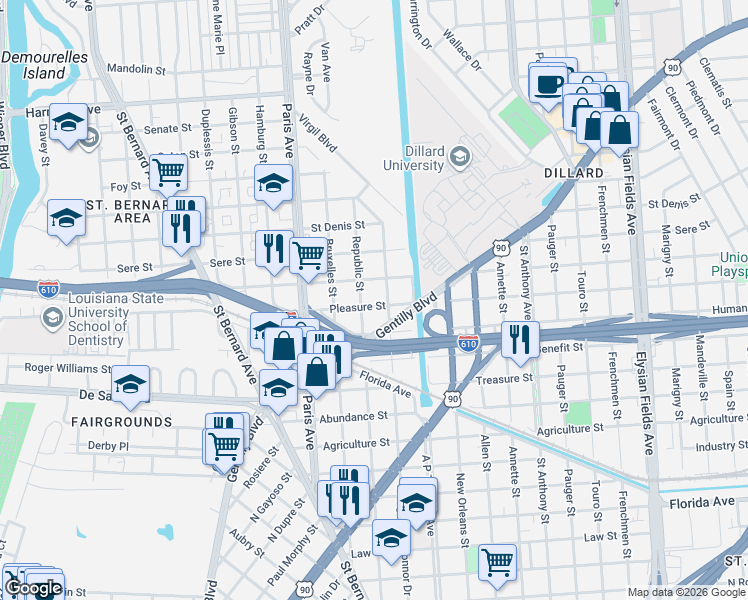map of restaurants, bars, coffee shops, grocery stores, and more near 3411 Republic Street in New Orleans