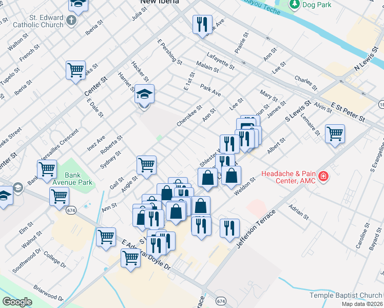 map of restaurants, bars, coffee shops, grocery stores, and more near 817 Ivan St in New Iberia