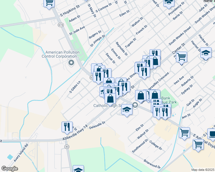 map of restaurants, bars, coffee shops, grocery stores, and more near 1420 Julia Street in New Iberia