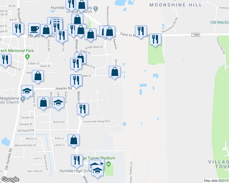 map of restaurants, bars, coffee shops, grocery stores, and more near 1955 Country Village Boulevard in Humble