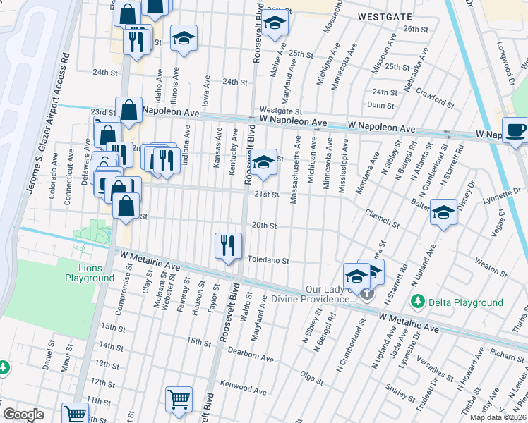 map of restaurants, bars, coffee shops, grocery stores, and more near 1501 Maine Avenue in Kenner