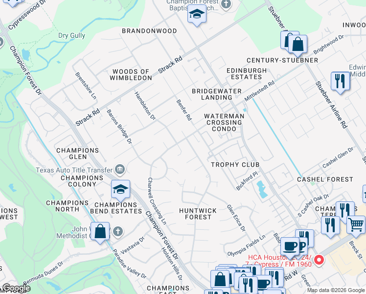 map of restaurants, bars, coffee shops, grocery stores, and more near 13726 Hambleton Circle in Houston
