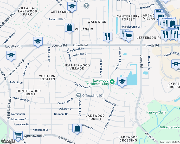 map of restaurants, bars, coffee shops, grocery stores, and more near 11715 Spring Villa Drive in Houston