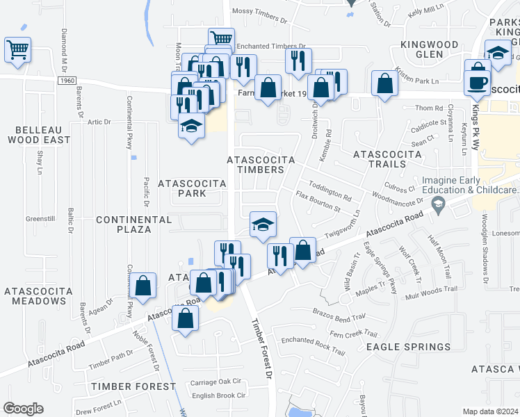 map of restaurants, bars, coffee shops, grocery stores, and more near 5422 Timbers Quail Dr in Humble