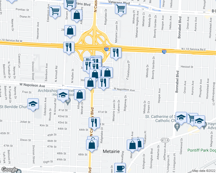 map of restaurants, bars, coffee shops, grocery stores, and more near 3005 West Napoleon Avenue in Metairie
