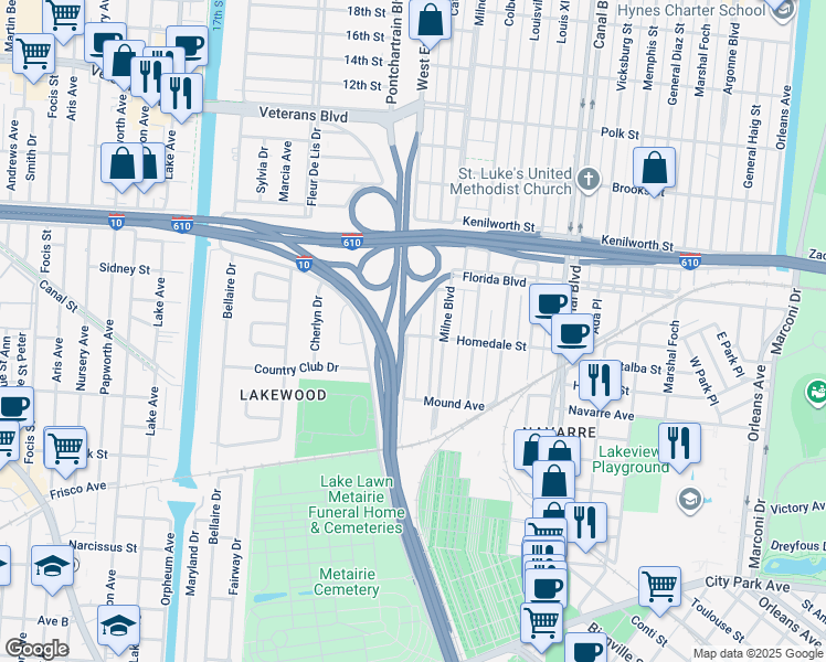 map of restaurants, bars, coffee shops, grocery stores, and more near 5603 West End Boulevard in New Orleans