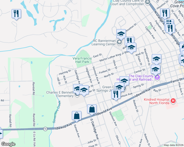 map of restaurants, bars, coffee shops, grocery stores, and more near 1408 Forbes St in Green Cove Springs