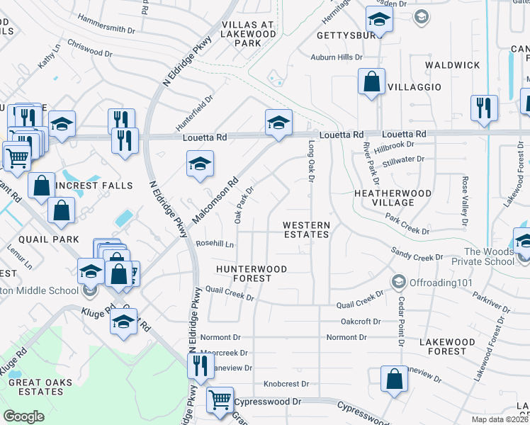 map of restaurants, bars, coffee shops, grocery stores, and more near 15019 Carols Way Drive in Houston