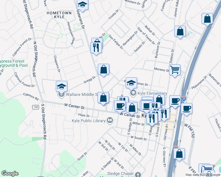 map of restaurants, bars, coffee shops, grocery stores, and more near 411 Live Oak Street in Kyle