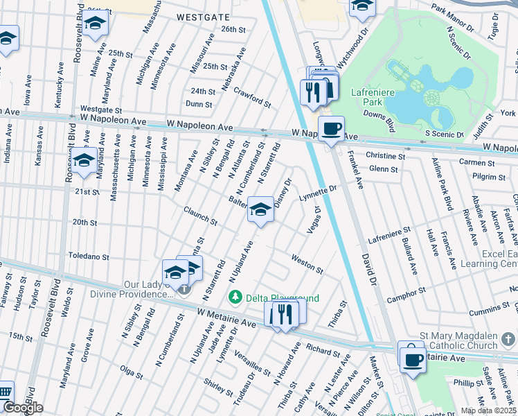 map of restaurants, bars, coffee shops, grocery stores, and more near 8409 Balter Street in Metairie