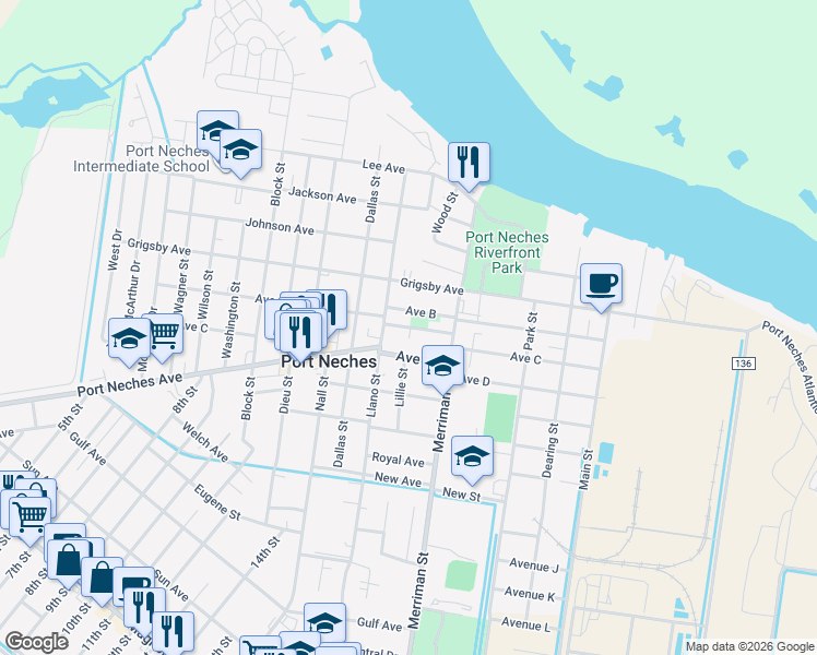 map of restaurants, bars, coffee shops, grocery stores, and more near 785 Port Neches Ave in Port Neches