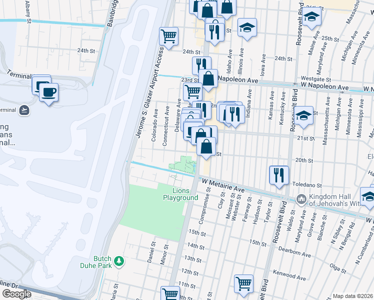 map of restaurants, bars, coffee shops, grocery stores, and more near 2001 Florida Avenue in Kenner