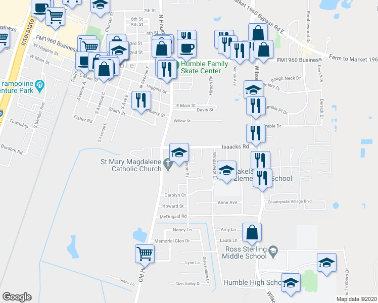 map of restaurants, bars, coffee shops, grocery stores, and more near 148 Isaacks Road in Humble