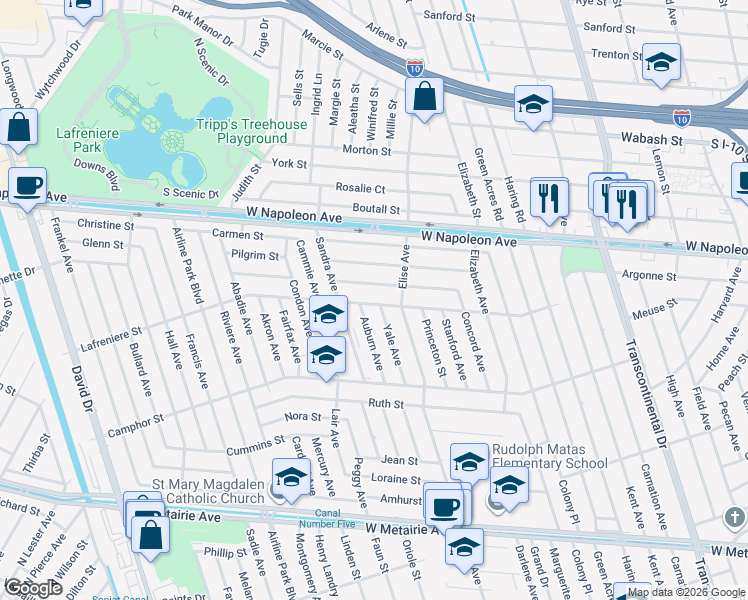 map of restaurants, bars, coffee shops, grocery stores, and more near 6001 Lafreniere Street in Metairie