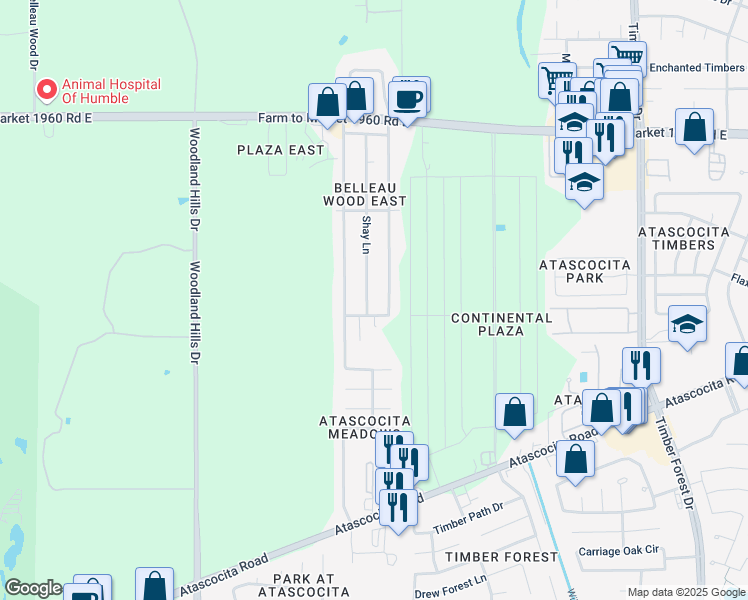 map of restaurants, bars, coffee shops, grocery stores, and more near 18710 Shay Lane in Humble