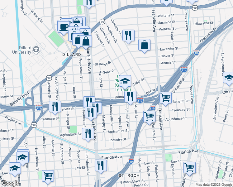 map of restaurants, bars, coffee shops, grocery stores, and more near 3318 Spain Street in New Orleans