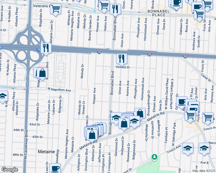 map of restaurants, bars, coffee shops, grocery stores, and more near 1816 Homer Street in Metairie