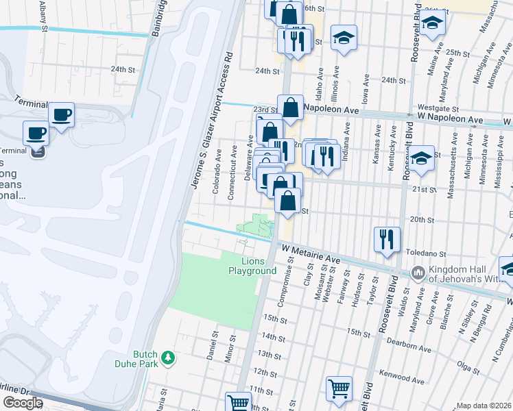map of restaurants, bars, coffee shops, grocery stores, and more near 2001 Florida Avenue in Kenner
