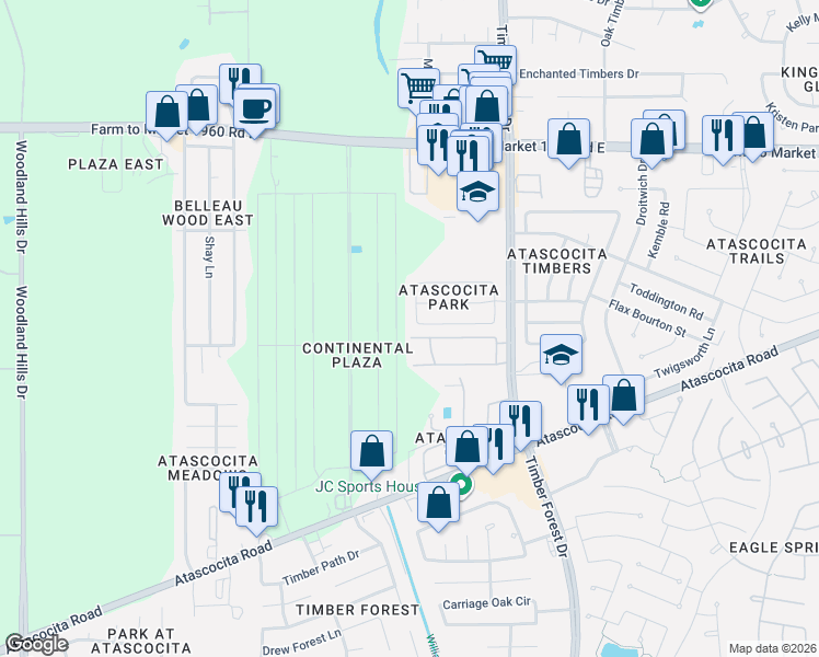 map of restaurants, bars, coffee shops, grocery stores, and more near 18603 Timbers Edge Drive in Humble