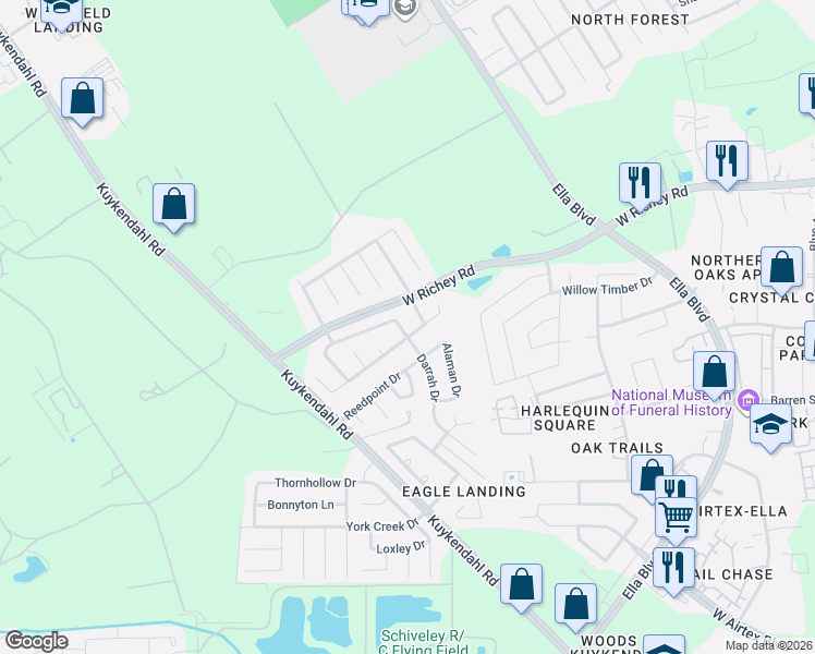 map of restaurants, bars, coffee shops, grocery stores, and more near 14403 Myers Drive in Houston