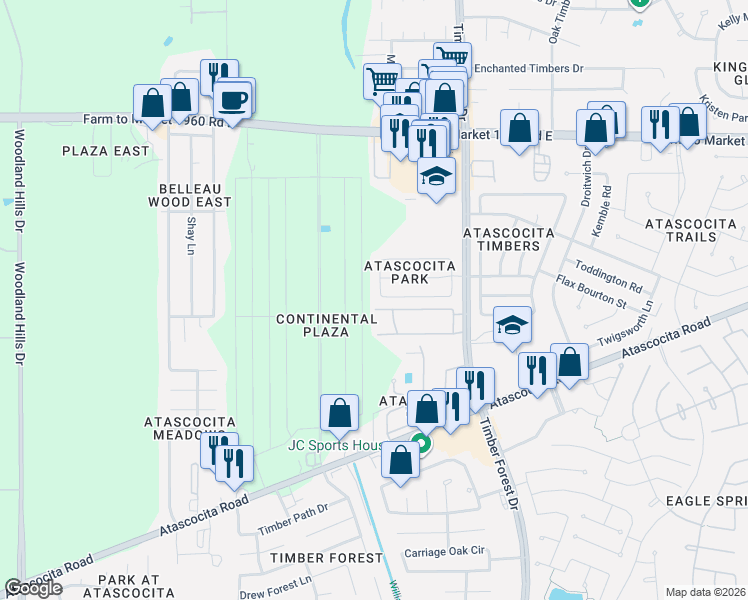 map of restaurants, bars, coffee shops, grocery stores, and more near 18603 Timbers Edge Drive in Humble