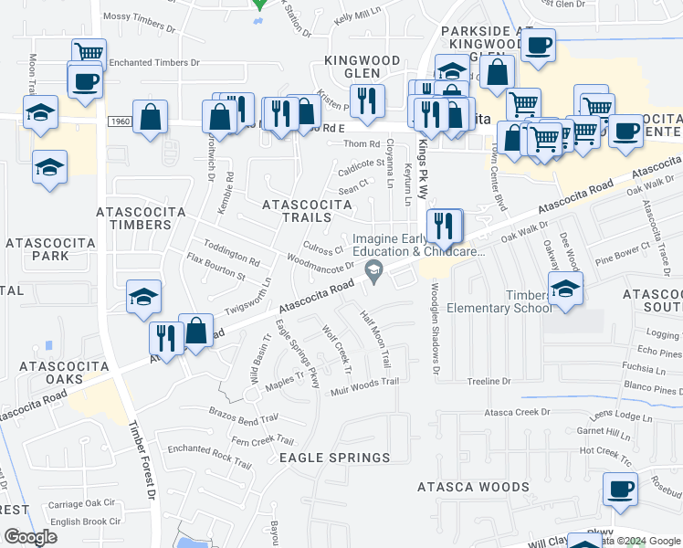 map of restaurants, bars, coffee shops, grocery stores, and more near 5950 Woodmancote Drive in Humble