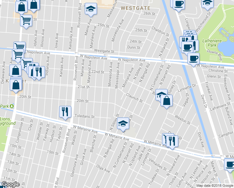 map of restaurants, bars, coffee shops, grocery stores, and more near 1513 Mississippi Avenue in Kenner
