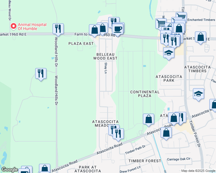 map of restaurants, bars, coffee shops, grocery stores, and more near 18710 Shay Lane in Humble