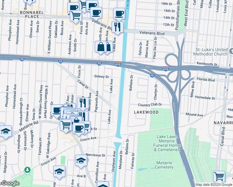 map of restaurants, bars, coffee shops, grocery stores, and more near 99 Locust Street in Metairie